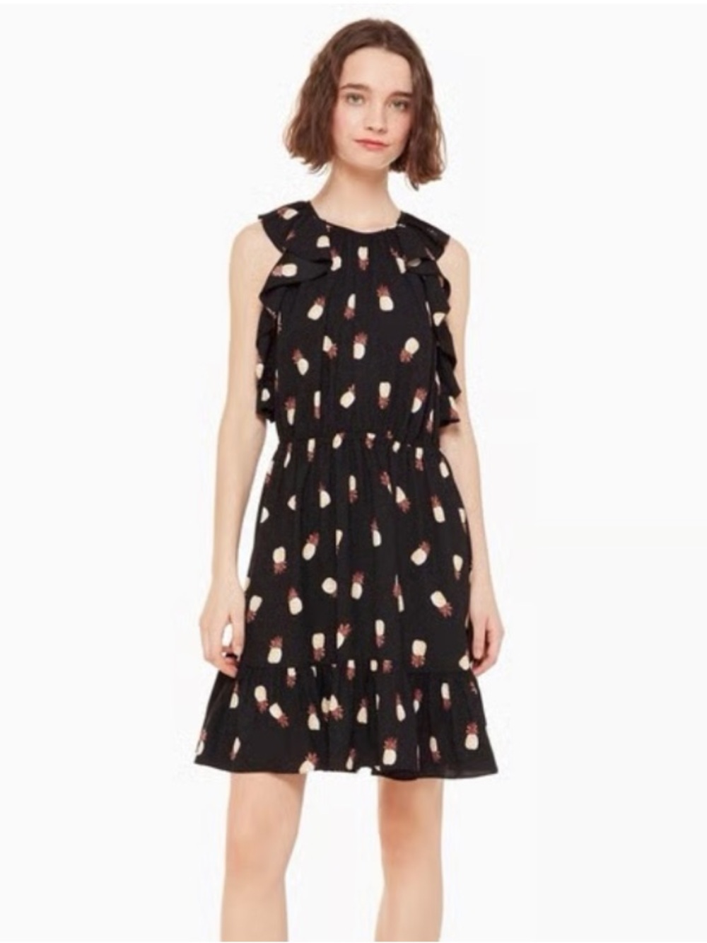 Kate Spade Pineapple Print Sleeveless Ruffle A-Line Mini Dress Black Medium